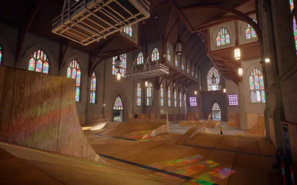 HD PC desktop wallpaper of Skate (video game): a cathedral-style indoor skate park with stained-glass windows, wooden ramps and suspended platforms.