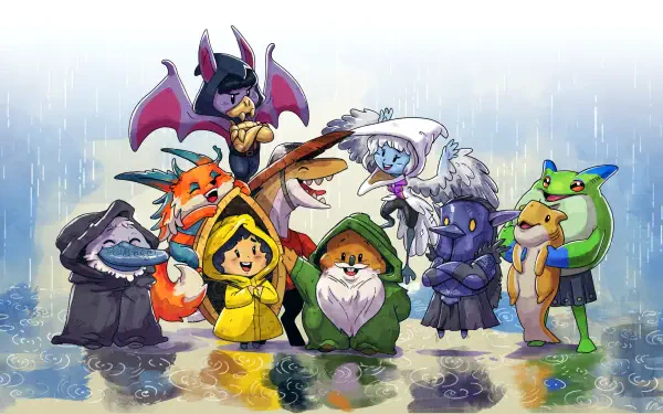 Against the Storm — chibi adventurers and whimsical creatures in raincoats huddle under falling rain with glossy puddle reflections; 4K Ultra HD PC Desktop Wallpaper and Background.