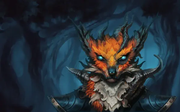 Against the Storm — 4K Ultra HD PC wallpaper: armored fox-like warrior with glowing blue eyes and tattered ruff, framed by a shadowy, stormy forest.