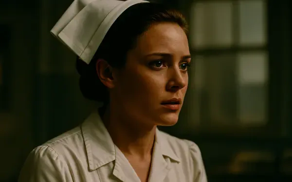Close-up of a worried nurse in a vintage white uniform and cap, dimly lit hospital interior — 4K Ultra HD PC Desktop Wallpaper and Background.