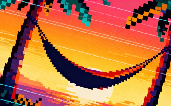 Pixel-art hammock strung between palm trees at a vivid sunset with glitchy retro colors — 4K Ultra HD PC desktop wallpaper and background.