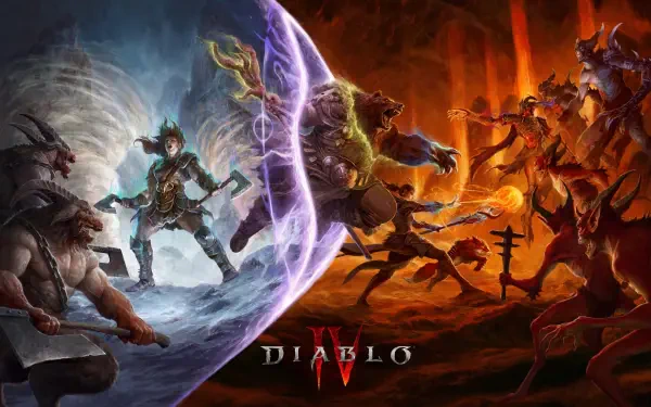 HD PC desktop wallpaper/background for the video game Diablo IV (Diablo) by Blizzard Entertainment: fantasy battle of heroes vs demons split between icy blue and fiery red, Diablo IV logo.