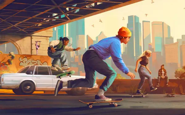 HD PC desktop wallpaper of Skate (video game): skaters skateboarding in a gritty skate park under an overpass, graffiti, parked car and city skyline at sunset.