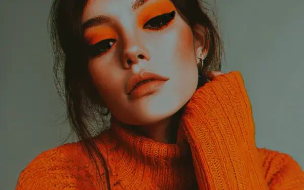 Close-up portrait of a woman in an orange sweater with bold orange eye makeup, orange aesthetic — 4K Ultra HD PC desktop wallpaper and background.