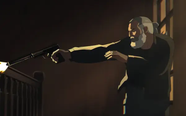 Splinter Cell: Deathwatch TV show 2K Quad HD PC desktop wallpaper — stylized image of a bearded man shooting a pistol in a dim, shadowed interior.