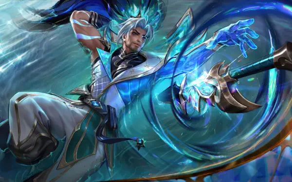 8K Ultra HD PC wallpaper of Yasuo from the video game League of Legends/Wild Rift, mid-attack amid swirling blue wind and energy, sword drawn and cloak billowing.