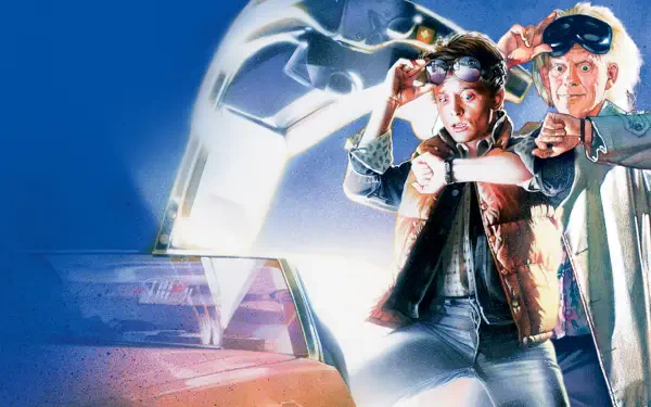 Back to the Future HD PC desktop wallpaper: Marty McFly and Doc Brown beside the DeLorean amid glowing time-travel streaks.