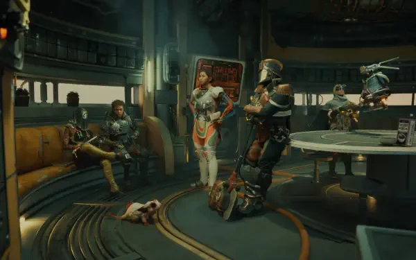 4K Ultra HD PC desktop wallpaper and background from the video game The Outer Worlds 2: a sci-fi lounge with armored crew, a woman in a colorful suit, seated companions, a robot and small animal.