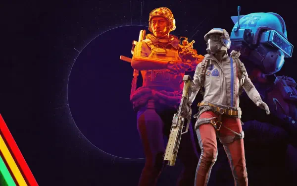 Colorful ARC Raiders TV show gaming art HD PC desktop wallpaper: astronaut-suited gunner with rifle in front, orange soldier and blue mech helmet against a dark circular backdrop.