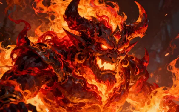 Fiery Ganon (The Legend of Zelda) roaring amid an inferno in a detailed 4K Ultra HD PC desktop wallpaper and background, molten horns, blazing armor and glowing eyes.