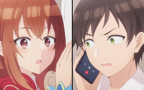 Anime HD PC wallpaper from My Friend's Little Sister Has It In for Me! — Iroha Kohinata presses a glass partition opposite Akiteru Ooboshi on a phone, both wearing surprised expressions.