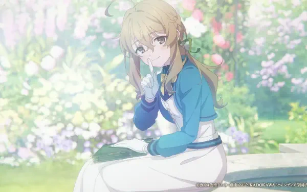 HD PC desktop wallpaper of Monica Everett from Secrets of the Silent Witch: anime portrait of her seated in a sunlit flower garden, reading a book and smiling softly.