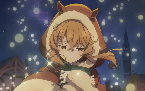 Anime 2K Quad HD PC desktop wallpaper: Monica Everett from Secrets of the Silent Witch in a hooded cloak on a snowy night, soft glow and lantern-lit town behind her.