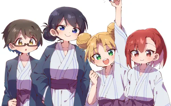2K Quad HD anime desktop wallpaper by Ruri Rocks: Ruri Tanigawa, Nagi Arato and Shouko Seto with a fourth friend in yukata, smiling and posing against a white background.