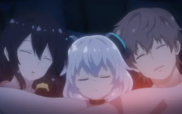 HD PC desktop wallpaper from Alma-chan Wants to Be a Family! showing Alma, Enji Kamisato and Suzume Yobane sleeping close together, peaceful faces bathed in a warm, soft glow.