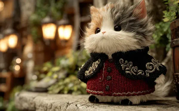 Cute AI Art cat plush toy in an ornate red-and-black coat on a cobblestone ledge, warm lamp bokeh behind — 2K Quad HD PC desktop wallpaper of toy animals.