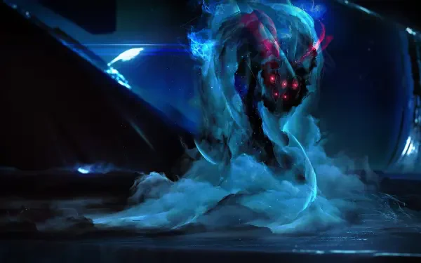 Endless Space 2 video game HD PC desktop wallpaper: eerie glowing ethereal space creature with red eyes and swirling blue mist against a dark sci‑fi backdrop.