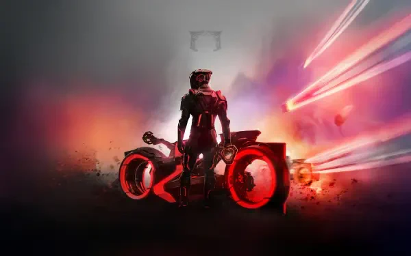 Tron: Ares 5K Ultra HD PC desktop wallpaper — lone rider by an illuminated red lightcycle, neon trails streaking through a smoky, futuristic nightscape.