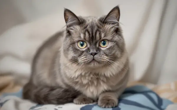 4K Ultra HD PC desktop wallpaper/background: gray Scottish Fold cat with large green eyes and plush fur, lounging on a soft, patterned blanket.