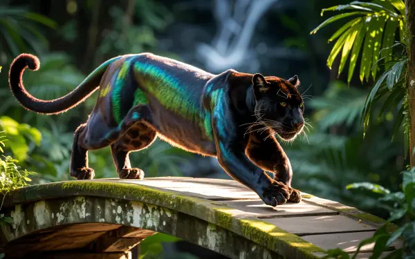 Iridescent panther prowls a mossy wooden bridge through a sunlit jungle — 4K Ultra HD PC desktop wallpaper and background.