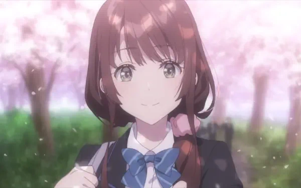 HD anime desktop wallpaper: Chitose from Chitose Is in the Ramune Bottle smiles in a school uniform beneath falling cherry blossoms, soft pink bokeh background.