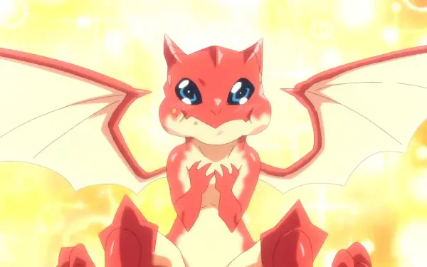 Anime HD desktop wallpaper of Dora-chan from Campfire Cooking in Another World with my Absurd Skill — a cheerful red baby dragon with wings glowing in golden light.