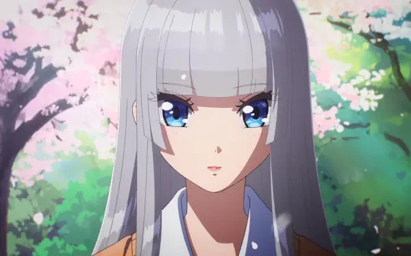 HD PC desktop wallpaper: anime portrait of Hikari Wanda (Wandance) — silver-haired girl with blunt bangs and bright blue eyes against cherry blossoms and green foliage.
