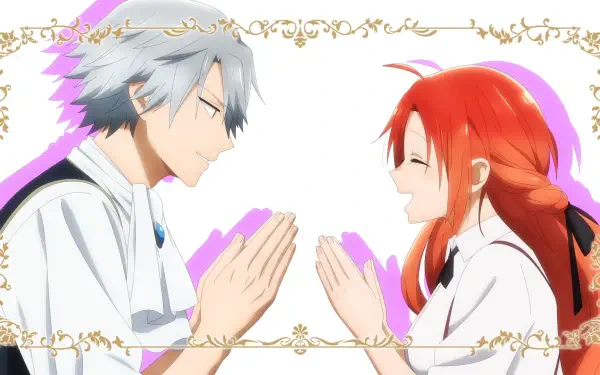 HD PC desktop wallpaper from the anime 'Pass the Monster Meat Milady!' showing Melphiera Marchalrayd and Aristide Roger de Galbraith smiling and clapping hands across a decorative gold frame.