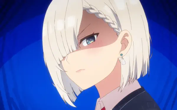 HD anime desktop wallpaper of Mashiro Tsukinomori from My Friend's Little Sister Has It In for Me! Close-up: short white hair with braid, stern blue-eyed expression on a deep blue backdrop.