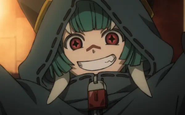 Anime HD PC desktop wallpaper of Gachiakuta Guita Heavy Fantasia character: grinning hooded figure with green bob, star-shaped eyes and fang-like teeth against a warm background.