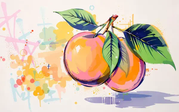 Vibrant watercolor-style illustration of two apricots with green leaves on a pastel abstract backdrop — 4K Ultra HD PC desktop wallpaper and background.