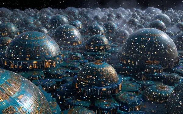 Sci Fi city 4K Ultra HD PC desktop wallpaper: sprawling metallic domes and layered platforms, neon windows glowing beneath a star-speckled mist.