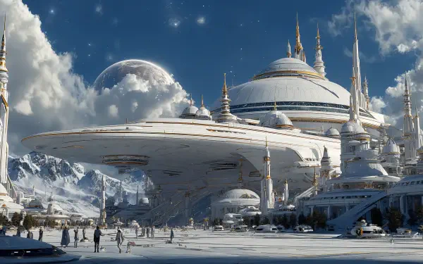 4K Ultra HD PC desktop wallpaper: Sci Fi city utopia of gleaming white domes and spires among snowy peaks beneath a planet-filled sky.