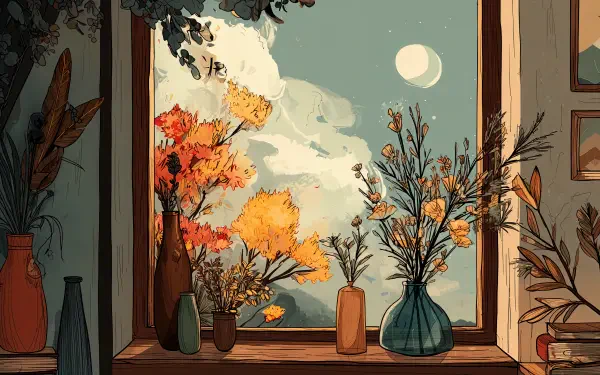October aesthetic 4K Ultra HD PC desktop wallpaper — cozy windowsill with vases of autumn branches and golden leaves, pale moon and cloudy teal sky beyond.