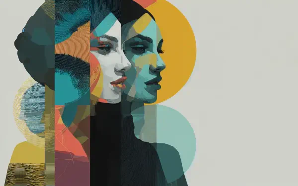 Artistic 4K Ultra HD PC desktop wallpaper of a woman rendered in layered, translucent portraits with bold geometric color shapes against a neutral backdrop.