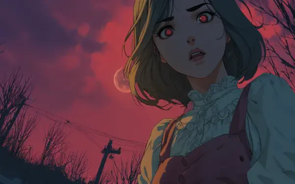 Spooky anime 4K Ultra HD PC desktop wallpaper: frightened girl with red eyes and dark bob, blood-red sky and moon, barren trees and a distant scarecrow silhouette.