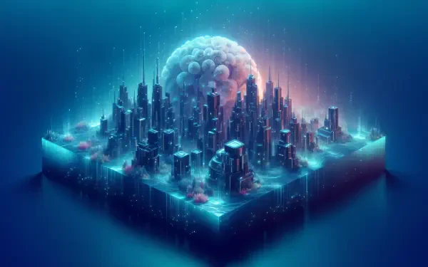 4K Ultra HD PC desktop wallpaper and background of a glowing futuristic city on a floating block, neon towers and lights with a translucent dome rising behind over a tranquil blue void.