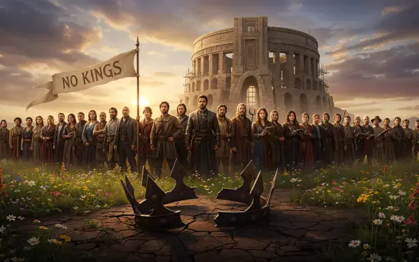 4K Ultra HD PC desktop wallpaper: a long line of figures stands before a ruined colosseum, a flag reading NO KINGS, shattered crowns on cracked stone under a dramatic sunset sky.