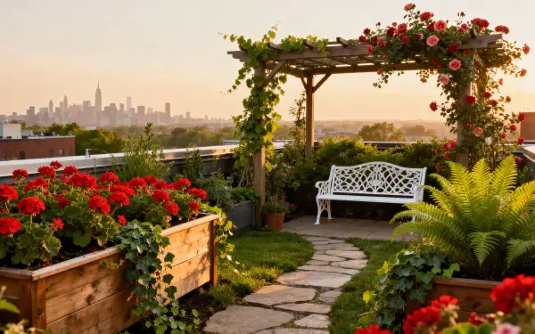 Rooftop garden, 4K Ultra HD PC Desktop Wallpaper and Background: sunlit pergola, white bench, stone path, red flower planters and distant city skyline at sunset.