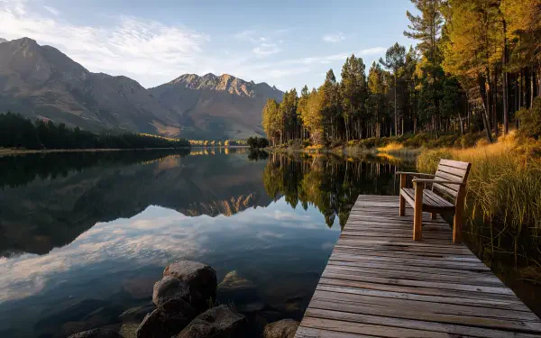 Nature 4K Ultra HD PC desktop wallpaper and background: tranquil lake reflecting mountains and forest, wooden dock with chair in the foreground.