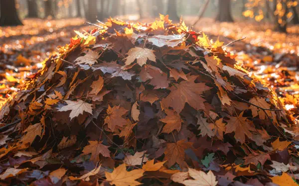 4K Ultra HD PC desktop wallpaper and background: close-up of a sunlit pile of autumn maple leaves on a forest floor.