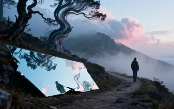 Wanderlust — 4K Ultra HD PC desktop wallpaper and background: a lone figure walks a misty mountain trail at dawn beside a warped reflective panel mirroring twisted trees and sky.
