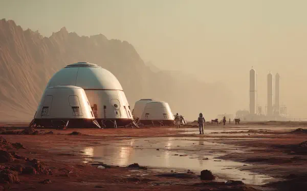 Sci-Fi Mars colony 4K Ultra HD PC desktop wallpaper and background: domed habitats, distant towers and crew walking across a red, reflective plain beneath a hazy sky.