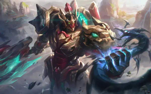 8K Ultra HD video game wallpaper: mecha Darius from League of Legends, towering in heavy armor with glowing teal blades amid a shattered battlefield.