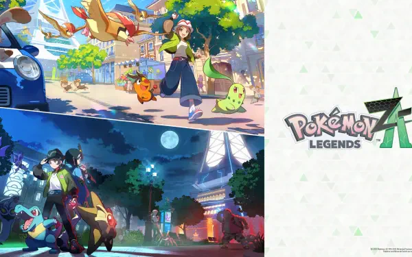 Pokémon Legends Z-A HD PC desktop wallpaper: split art with bright daytime village scene of trainers and Pokémon above, moody nighttime city scene below, game logo at right.
