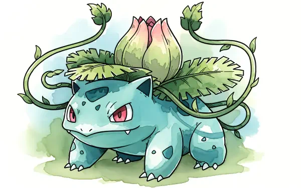 Ivysaur (Pokémon) watercolor-style 4K Ultra HD PC desktop wallpaper showing a sturdy Ivysaur with a leafy bud, curling vines and vivid red eyes.
