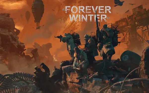 HD PC desktop wallpaper for the video game The Forever Winter: armed survivors atop wreckage under an orange, apocalyptic sky with airships and ruined industrial structures.
