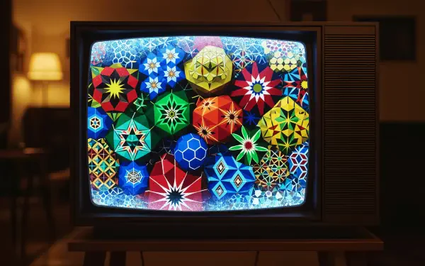 Retro TV showing a vibrant geometric kaleidoscope of colorful stars and polygons, 4K Ultra HD PC desktop wallpaper and background.