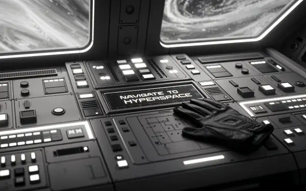 4K Ultra HD PC desktop wallpaper: monochrome spaceship control panel with illuminated buttons, a gloved hand on the console and a screen reading NAVIGATE TO HYPERSPACE.