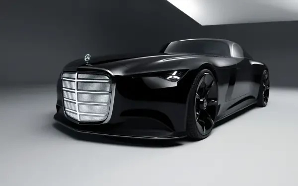 5K Ultra HD PC desktop wallpaper of a glossy black Mercedes‑Benz Vision Iconic futuristic car, low front three‑quarter view in a minimalist studio setting.